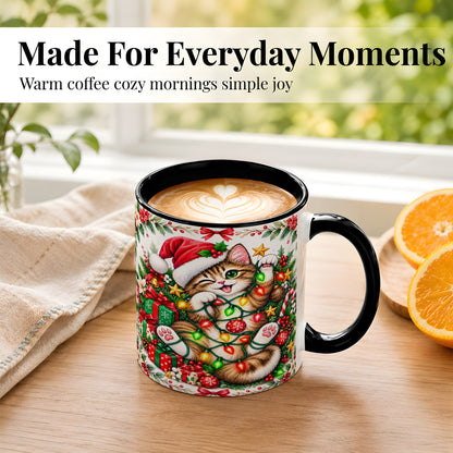 #pl[11oz|Black] Playful Christmas Cat Coffee Mug, Kitten Lights Mug, Ceramic Cup