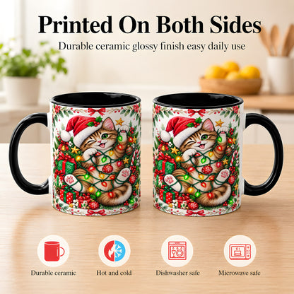 #pl[11oz|Black] Playful Christmas Cat Coffee Mug, Kitten Lights Mug, Ceramic Cup