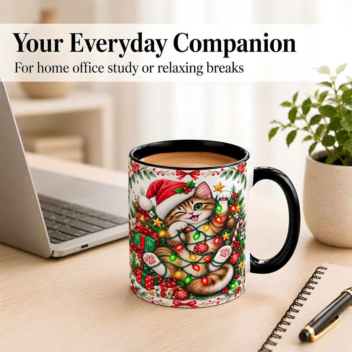 #pl[11oz|Black] Playful Christmas Cat Coffee Mug, Kitten Lights Mug, Ceramic Cup