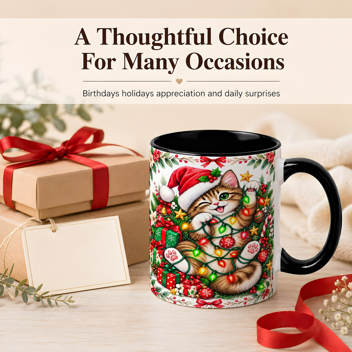 #pl[11oz|Black] Playful Christmas Cat Coffee Mug, Kitten Lights Mug, Ceramic Cup