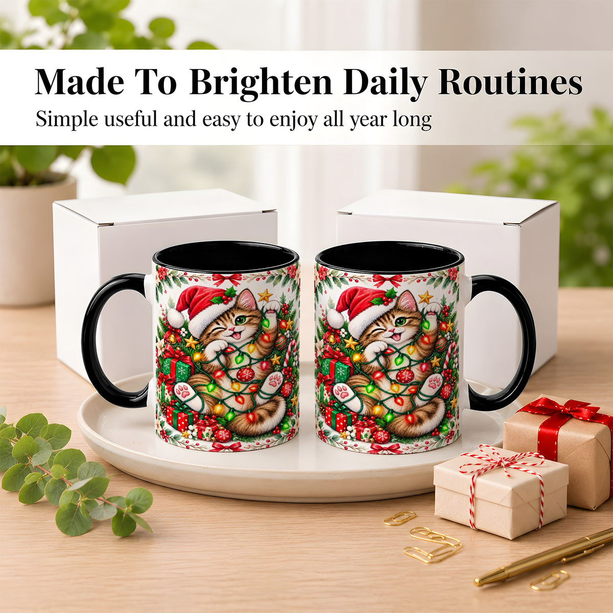 #pl[11oz|Black] Playful Christmas Cat Coffee Mug, Kitten Lights Mug, Ceramic Cup