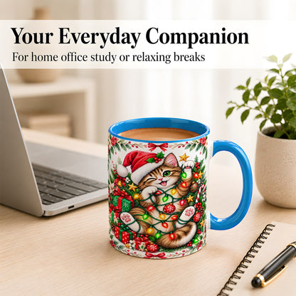 #pl[11oz|Blue] Playful Christmas Cat Coffee Mug, Kitten Lights Mug, Ceramic Cup