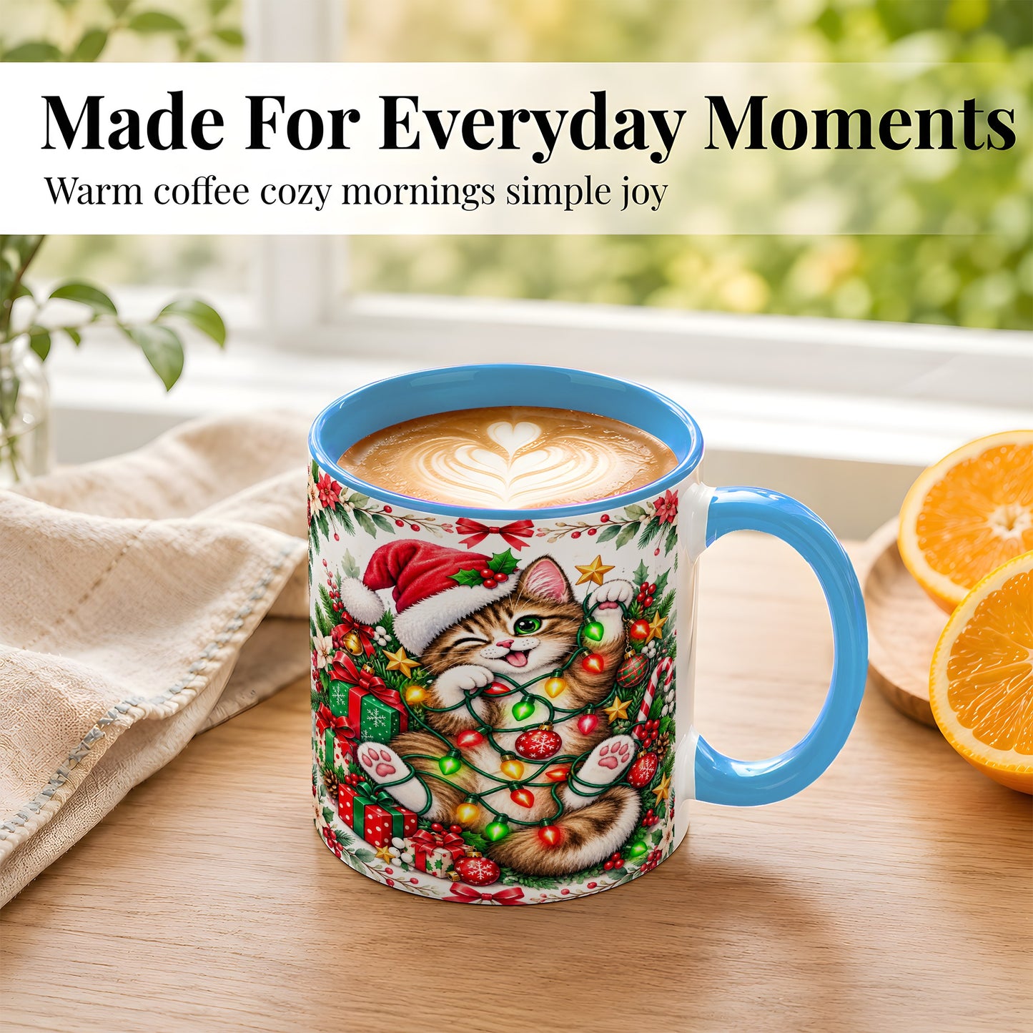 #pl[11oz|Blue] Playful Christmas Cat Coffee Mug, Kitten Lights Mug, Ceramic Cup