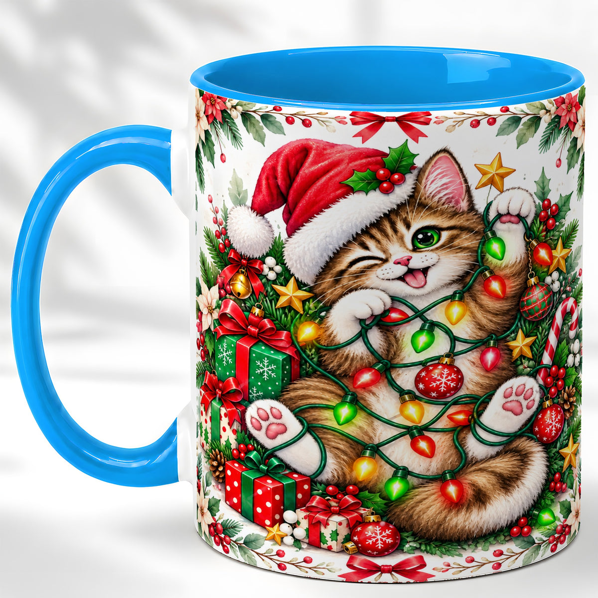 #pl[11oz|Blue] Playful Christmas Cat Coffee Mug, Kitten Lights Mug, Ceramic Cup