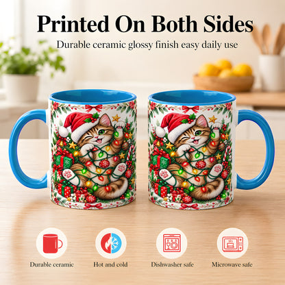 #pl[11oz|Blue] Playful Christmas Cat Coffee Mug, Kitten Lights Mug, Ceramic Cup