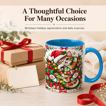 #pl[11oz|Blue] Playful Christmas Cat Coffee Mug, Kitten Lights Mug, Ceramic Cup