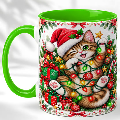 #pl[11oz|Green] Playful Christmas Cat Coffee Mug, Kitten Lights Mug, Ceramic Cup