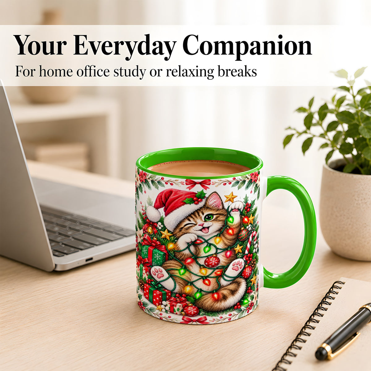 #pl[11oz|Green] Playful Christmas Cat Coffee Mug, Kitten Lights Mug, Ceramic Cup