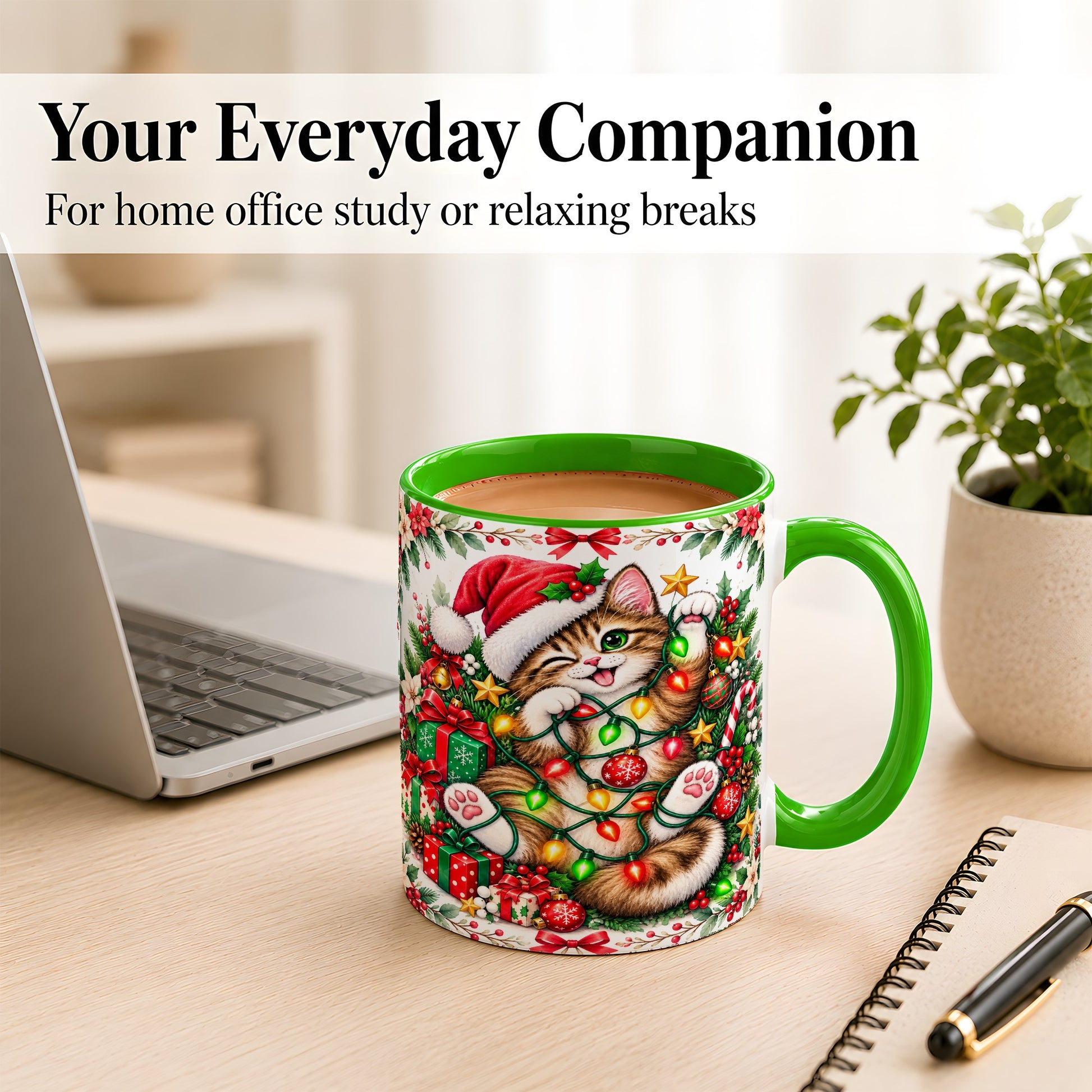 #pl[11oz|Green] Playful Christmas Cat Coffee Mug, Kitten Lights Mug, Ceramic Cup