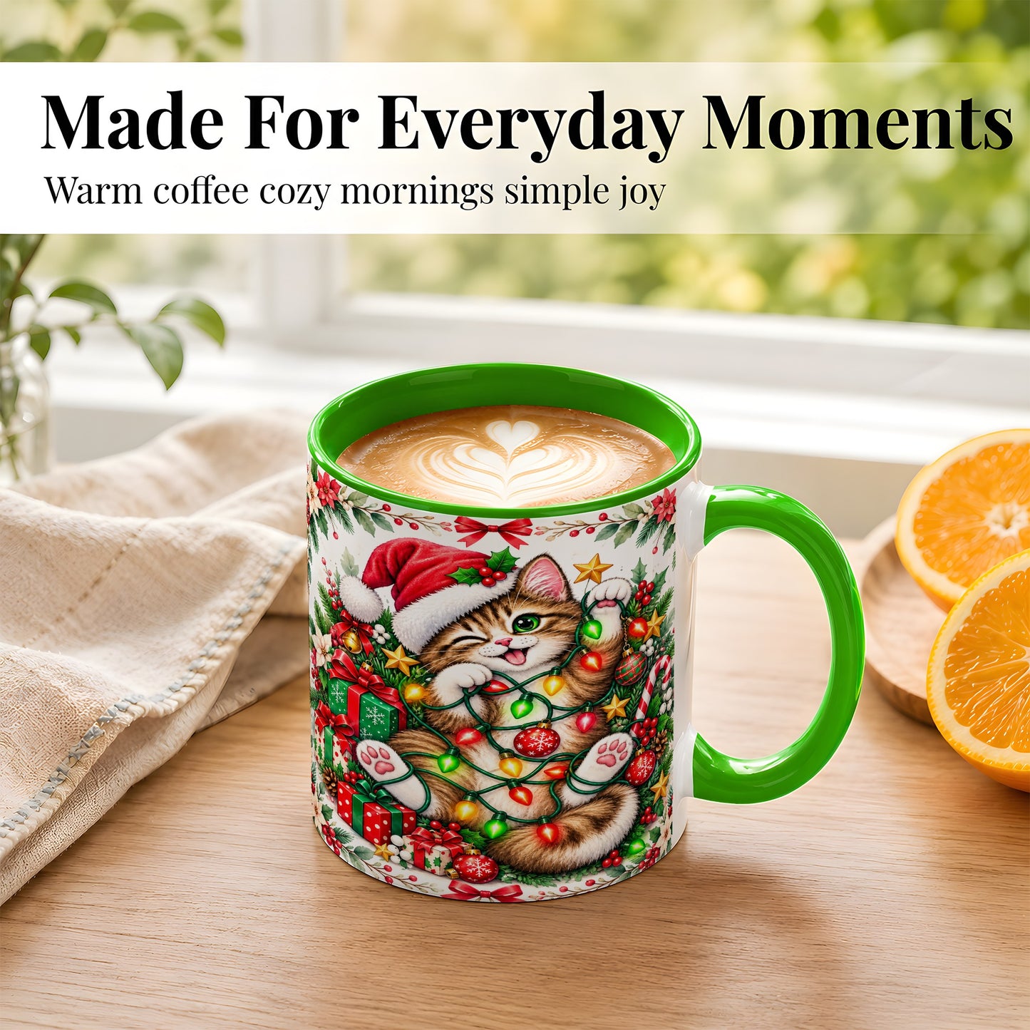 #pl[11oz|Green] Playful Christmas Cat Coffee Mug, Kitten Lights Mug, Ceramic Cup