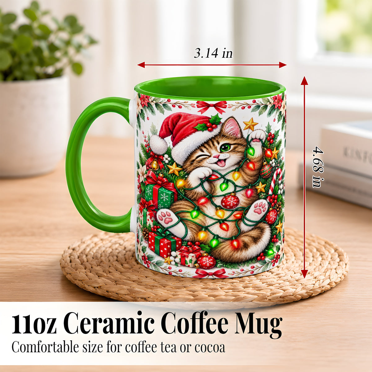 #pl[11oz|Green] Playful Christmas Cat Coffee Mug, Kitten Lights Mug, Ceramic Cup
