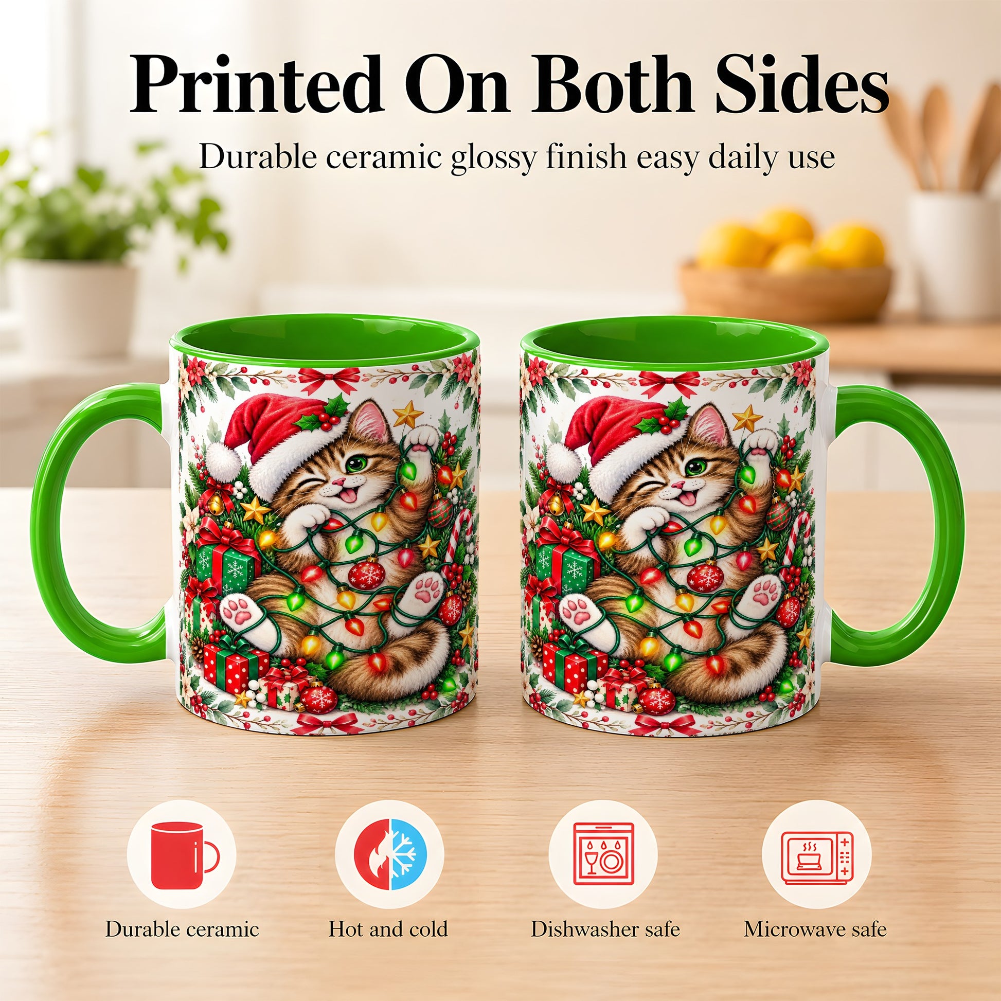#pl[11oz|Green] Playful Christmas Cat Coffee Mug, Kitten Lights Mug, Ceramic Cup