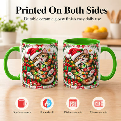 #pl[11oz|Green] Playful Christmas Cat Coffee Mug, Kitten Lights Mug, Ceramic Cup