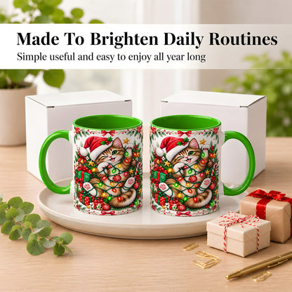 #pl[11oz|Green] Playful Christmas Cat Coffee Mug, Kitten Lights Mug, Ceramic Cup