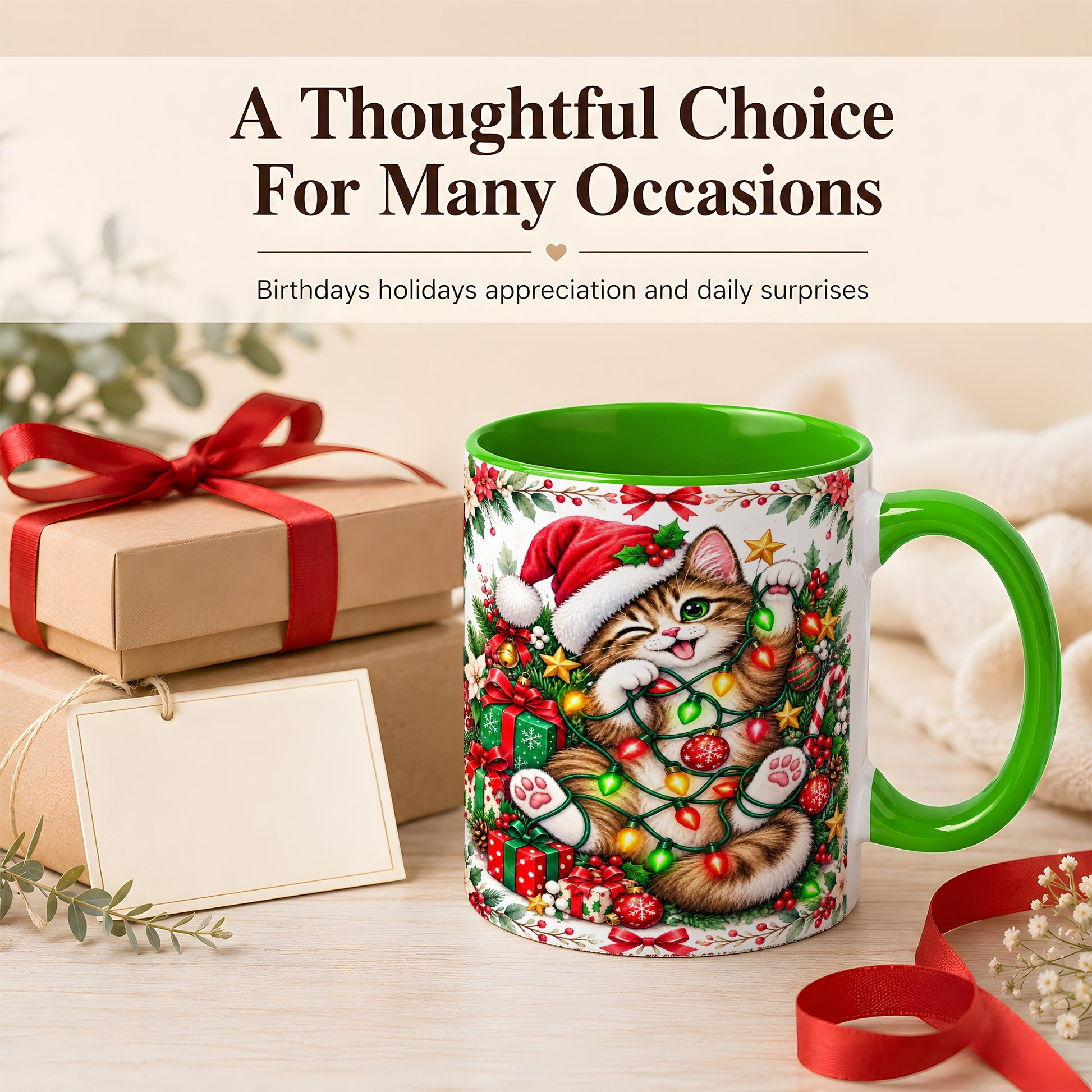 #pl[11oz|Green] Playful Christmas Cat Coffee Mug, Kitten Lights Mug, Ceramic Cup