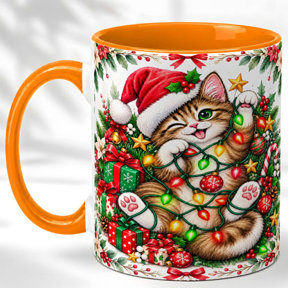 #pl[11oz|Orange] Playful Christmas Cat Coffee Mug, Kitten Lights Mug, Ceramic Cup