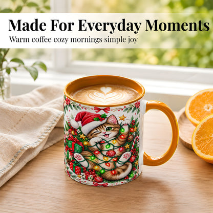 #pl[11oz|Orange] Playful Christmas Cat Coffee Mug, Kitten Lights Mug, Ceramic Cup