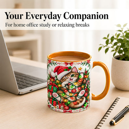 #pl[11oz|Orange] Playful Christmas Cat Coffee Mug, Kitten Lights Mug, Ceramic Cup