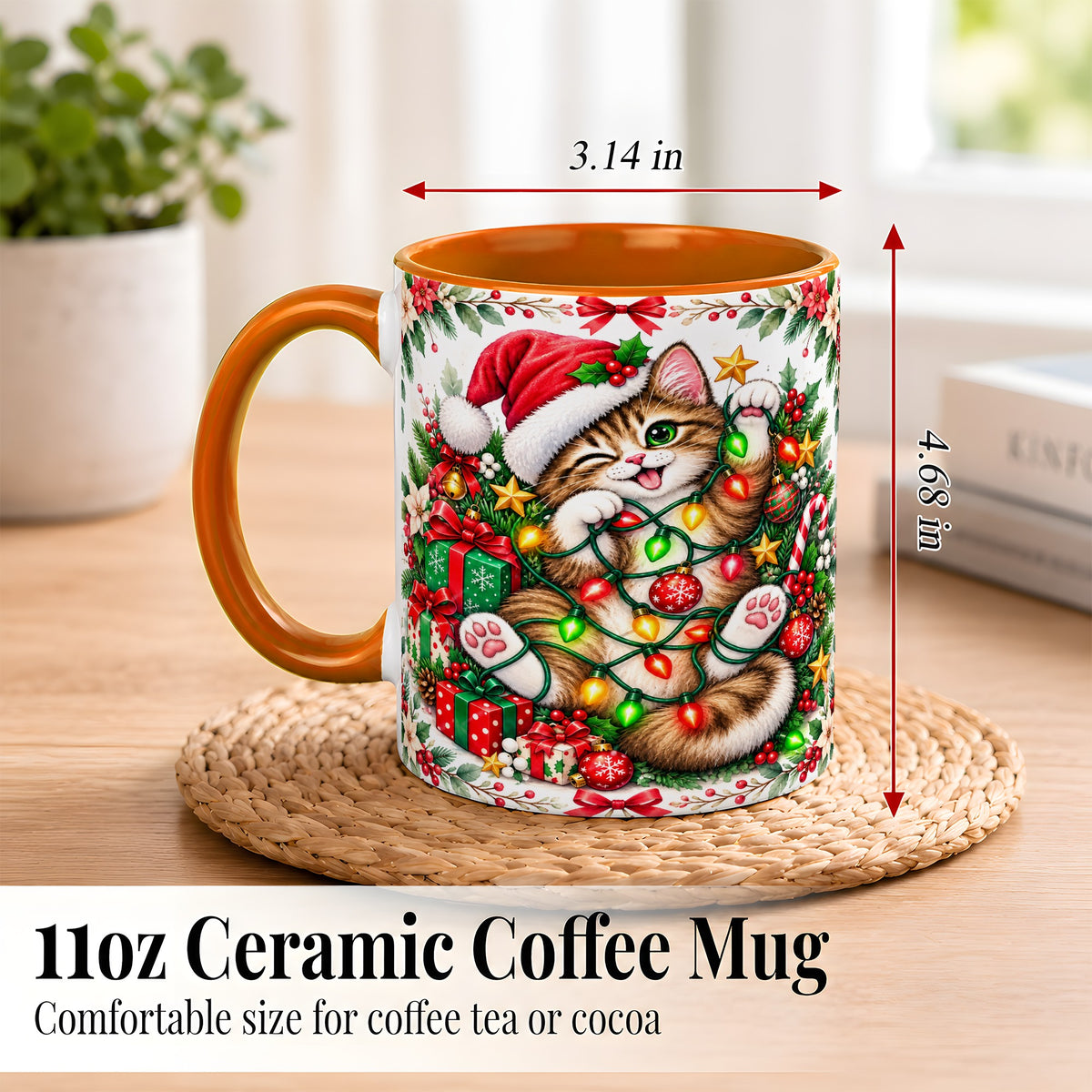 #pl[11oz|Orange] Playful Christmas Cat Coffee Mug, Kitten Lights Mug, Ceramic Cup