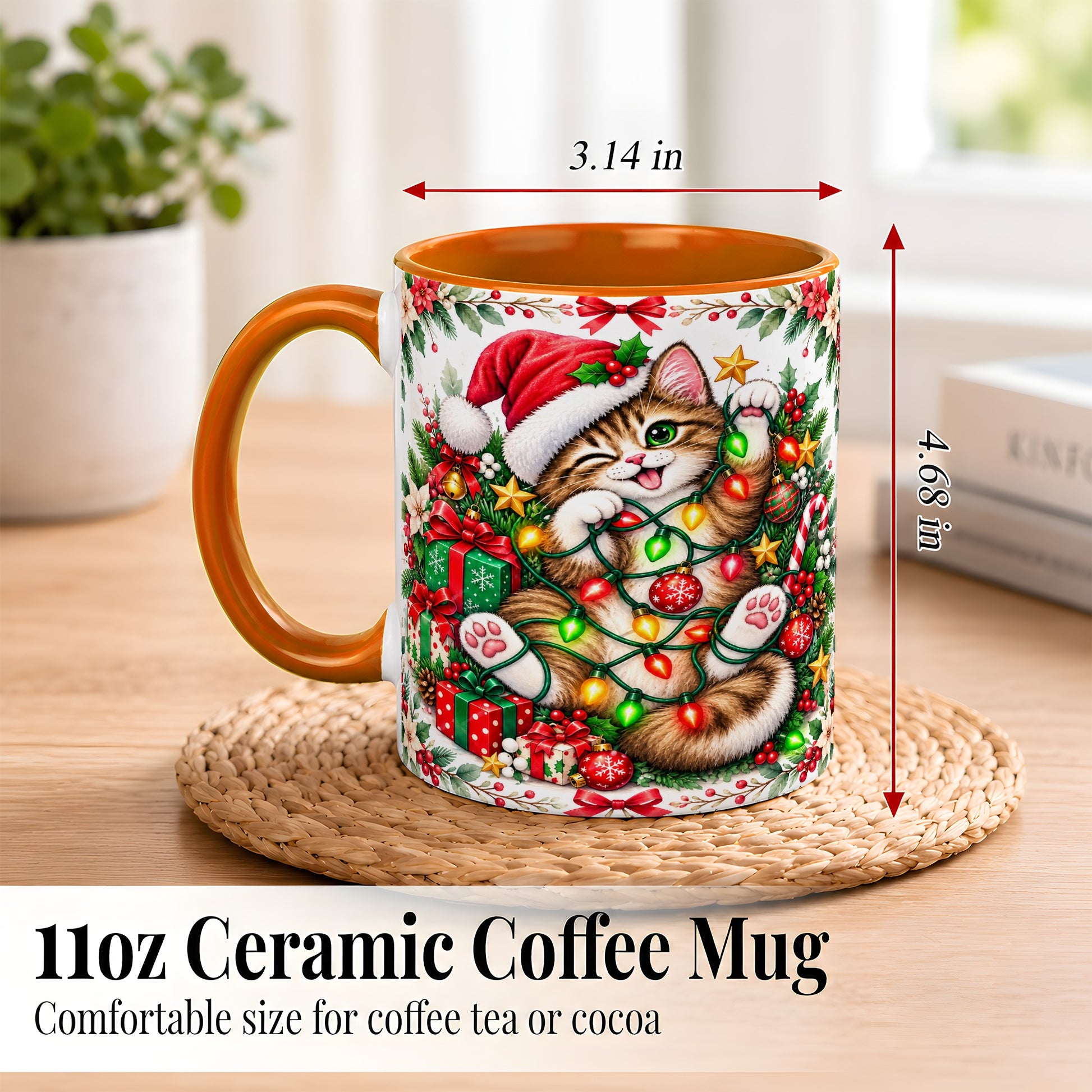 #pl[11oz|Orange] Playful Christmas Cat Coffee Mug, Kitten Lights Mug, Ceramic Cup