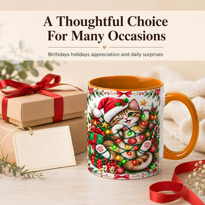 #pl[11oz|Orange] Playful Christmas Cat Coffee Mug, Kitten Lights Mug, Ceramic Cup