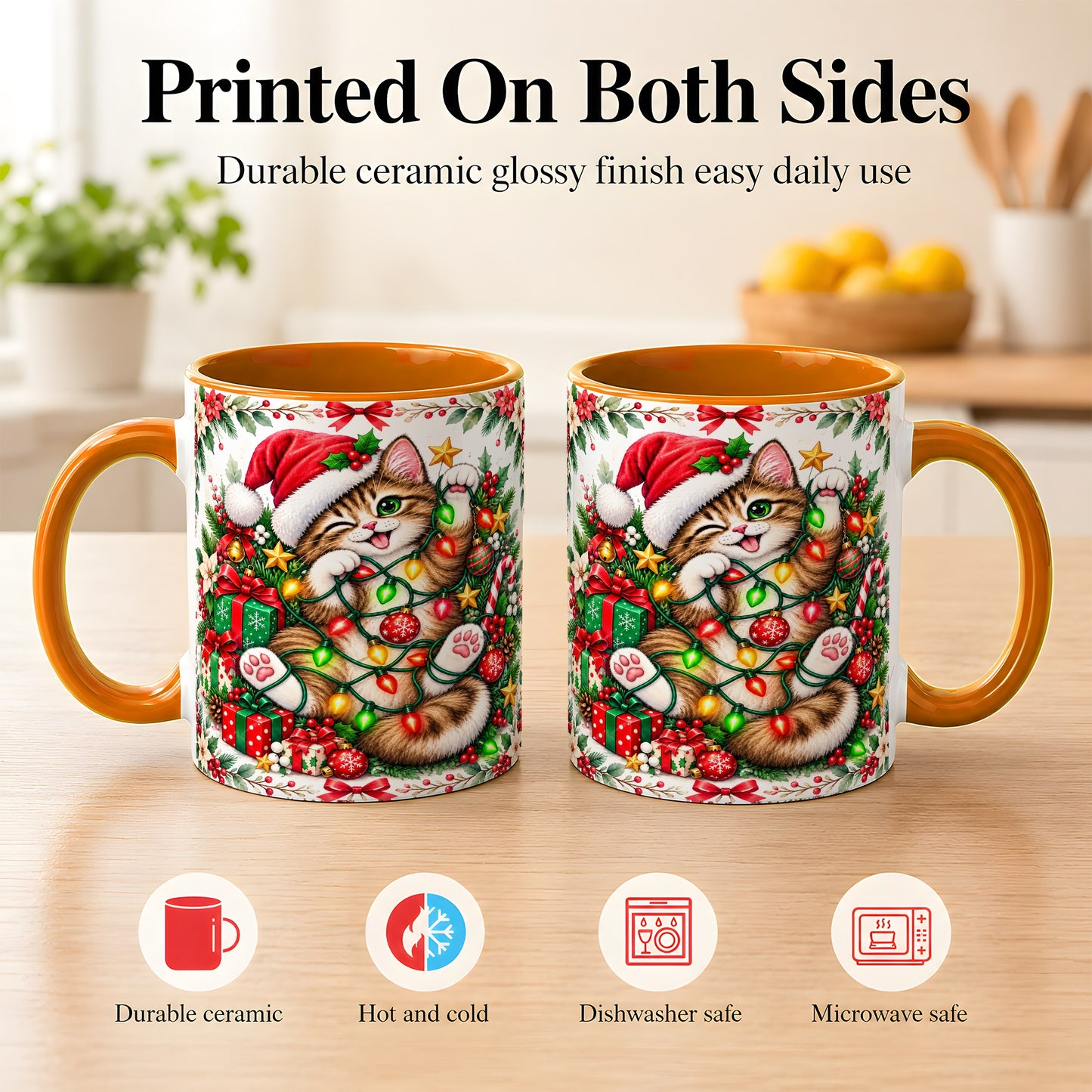 #pl[11oz|Orange] Playful Christmas Cat Coffee Mug, Kitten Lights Mug, Ceramic Cup