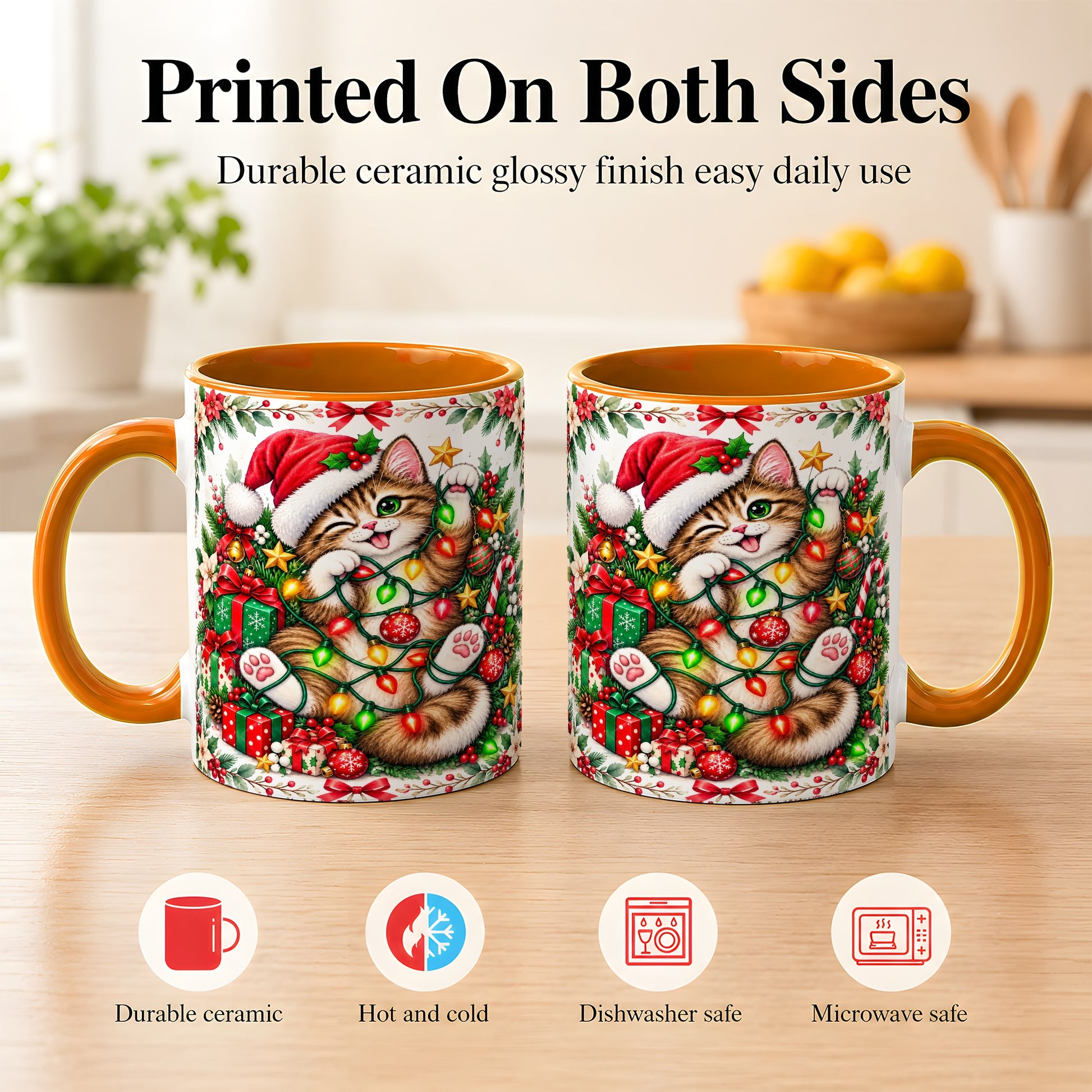 #pl[11oz|Orange] Playful Christmas Cat Coffee Mug, Kitten Lights Mug, Ceramic Cup