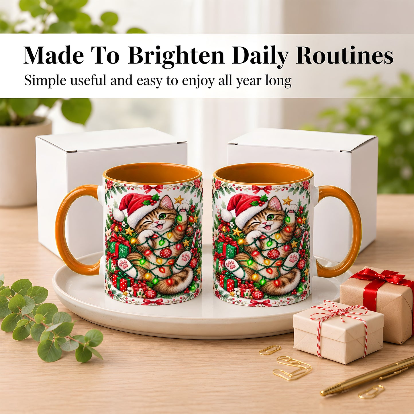 #pl[11oz|Orange] Playful Christmas Cat Coffee Mug, Kitten Lights Mug, Ceramic Cup