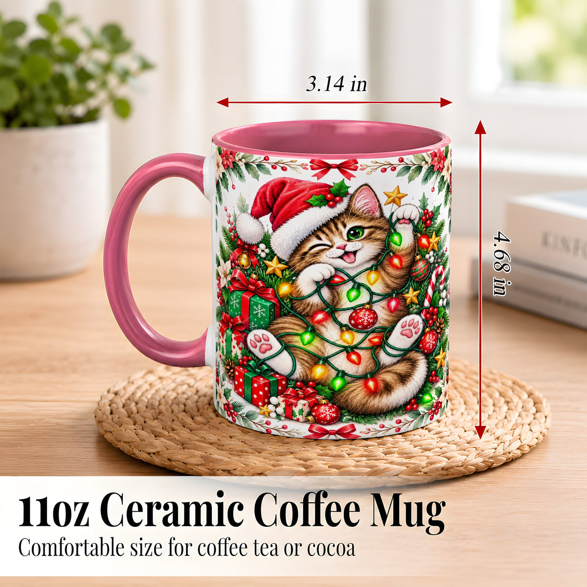 #pl[11oz|Pink] Playful Christmas Cat Coffee Mug, Kitten Lights Mug, Ceramic Cup