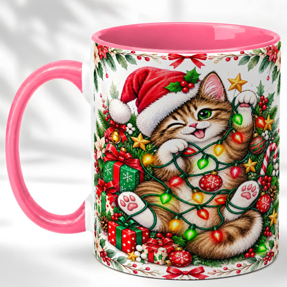 #pl[11oz|Pink] Playful Christmas Cat Coffee Mug, Kitten Lights Mug, Ceramic Cup