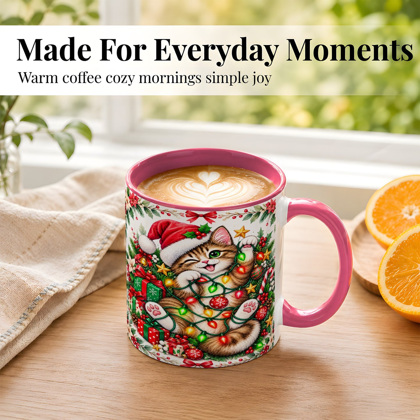 #pl[11oz|Pink] Playful Christmas Cat Coffee Mug, Kitten Lights Mug, Ceramic Cup