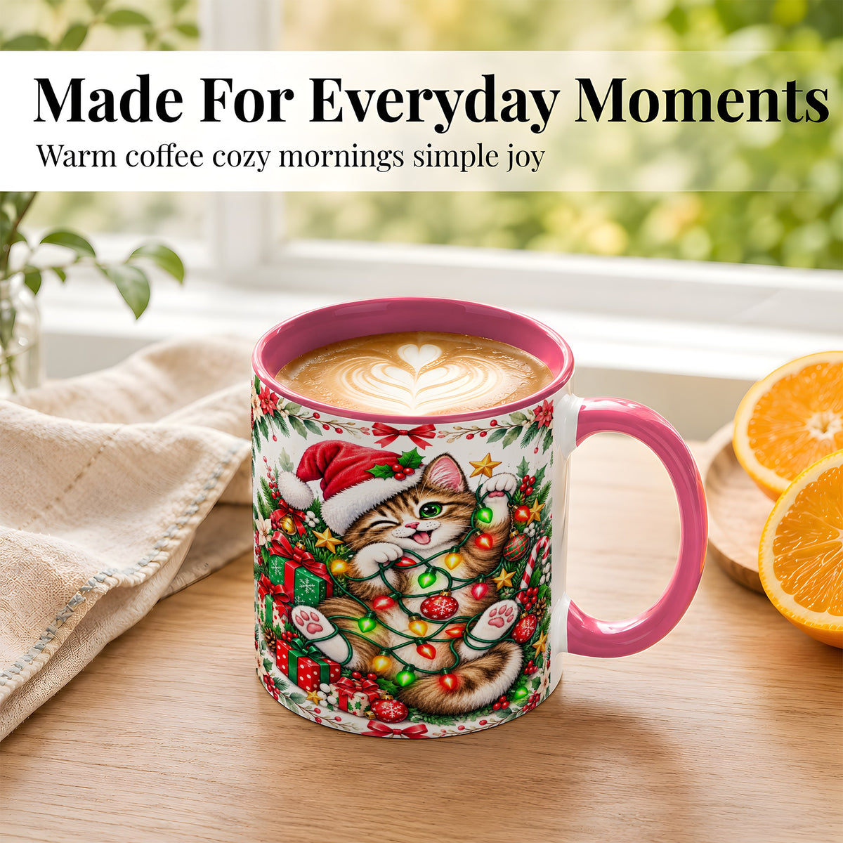 #pl[11oz|Pink] Playful Christmas Cat Coffee Mug, Kitten Lights Mug, Ceramic Cup