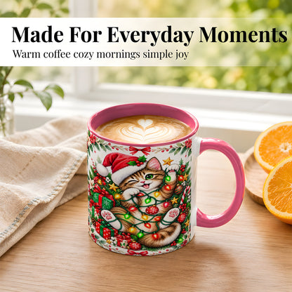 #pl[11oz|Pink] Playful Christmas Cat Coffee Mug, Kitten Lights Mug, Ceramic Cup