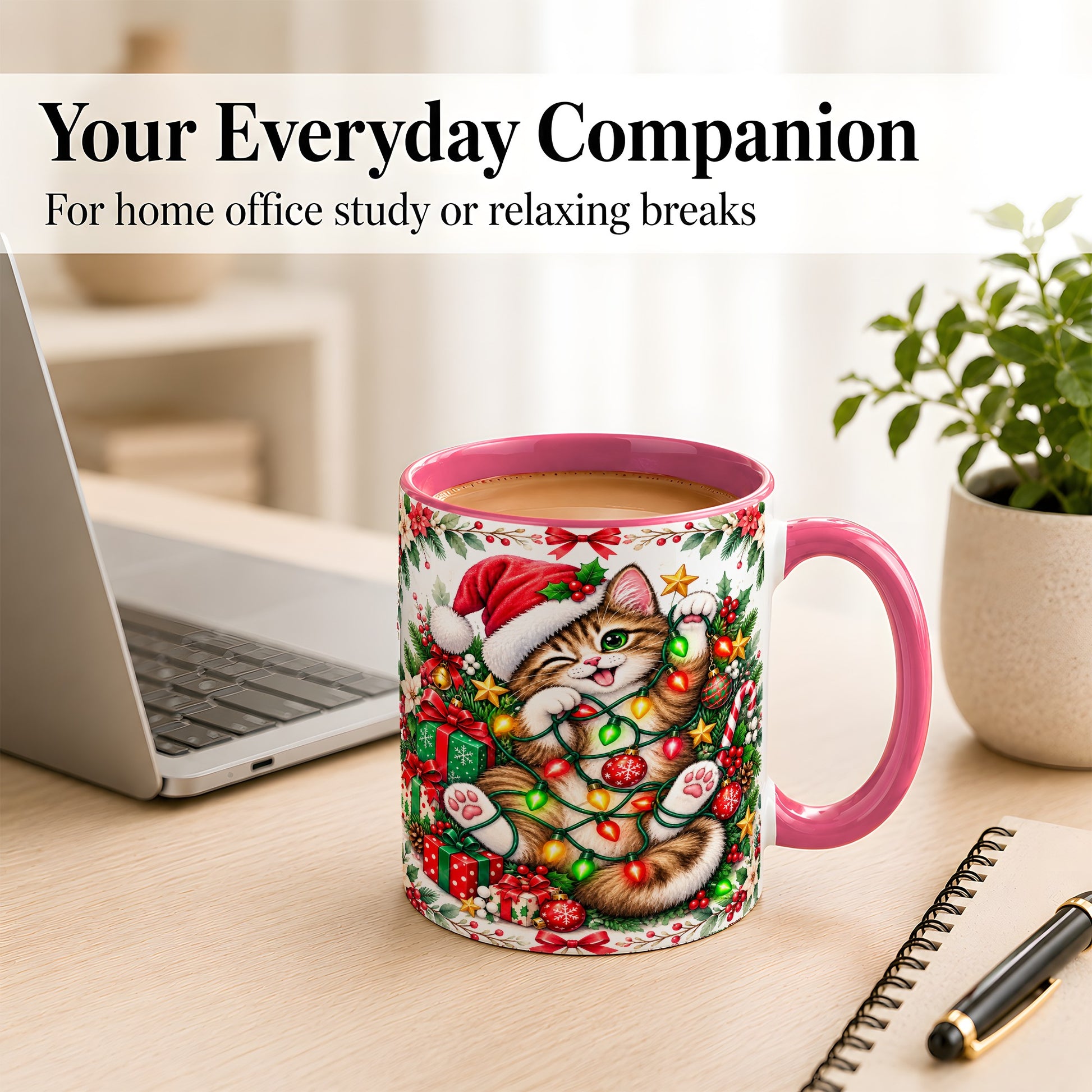 #pl[11oz|Pink] Playful Christmas Cat Coffee Mug, Kitten Lights Mug, Ceramic Cup