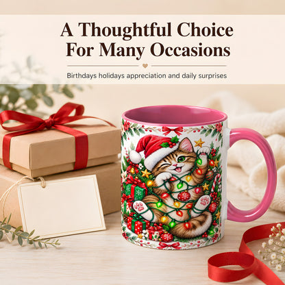 #pl[11oz|Pink] Playful Christmas Cat Coffee Mug, Kitten Lights Mug, Ceramic Cup