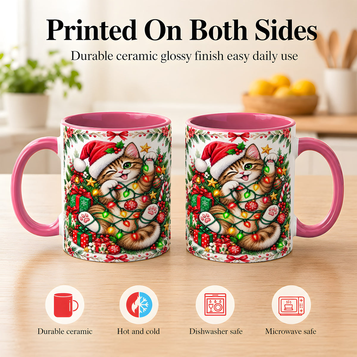 #pl[11oz|Pink] Playful Christmas Cat Coffee Mug, Kitten Lights Mug, Ceramic Cup