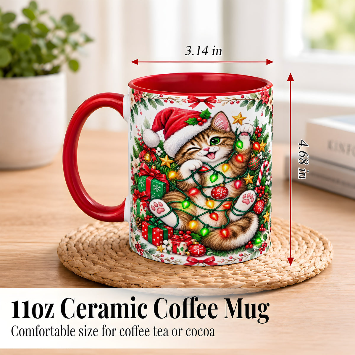 #pl[11oz|Red] Playful Christmas Cat Coffee Mug, Kitten Lights Mug, Ceramic Cup