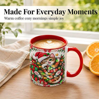 #pl[11oz|Red] Playful Christmas Cat Coffee Mug, Kitten Lights Mug, Ceramic Cup