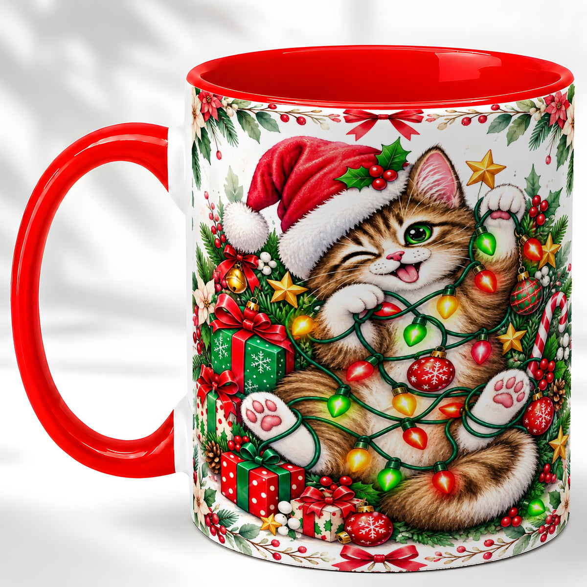 Playful Christmas Cat Coffee Mug, Kitten Lights Mug, Ceramic Cup