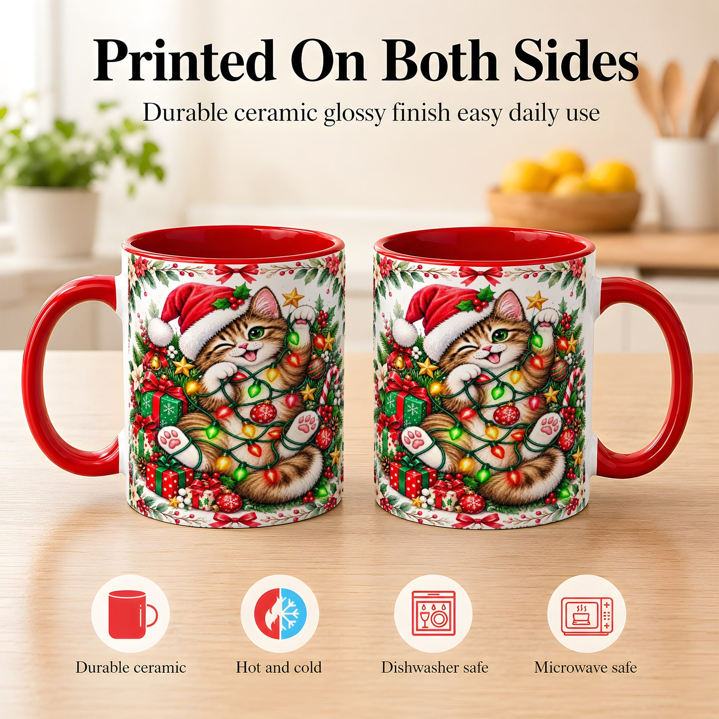 #pl[11oz|Red] Playful Christmas Cat Coffee Mug, Kitten Lights Mug, Ceramic Cup
