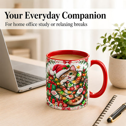 #pl[11oz|Red] Playful Christmas Cat Coffee Mug, Kitten Lights Mug, Ceramic Cup