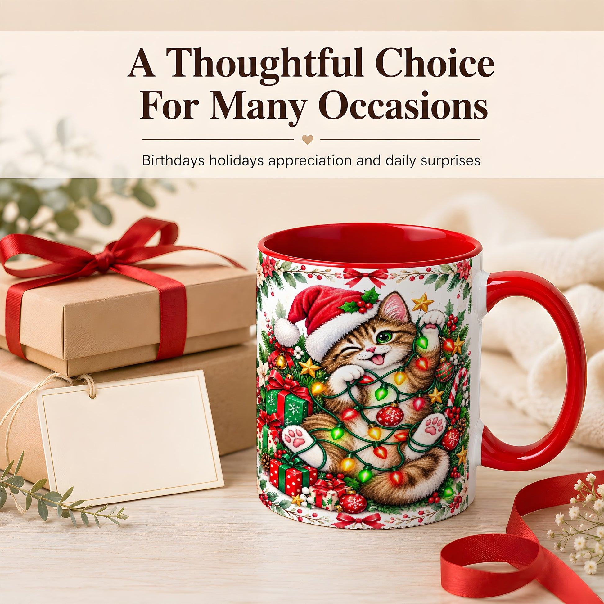 #pl[11oz|Red] Playful Christmas Cat Coffee Mug, Kitten Lights Mug, Ceramic Cup
