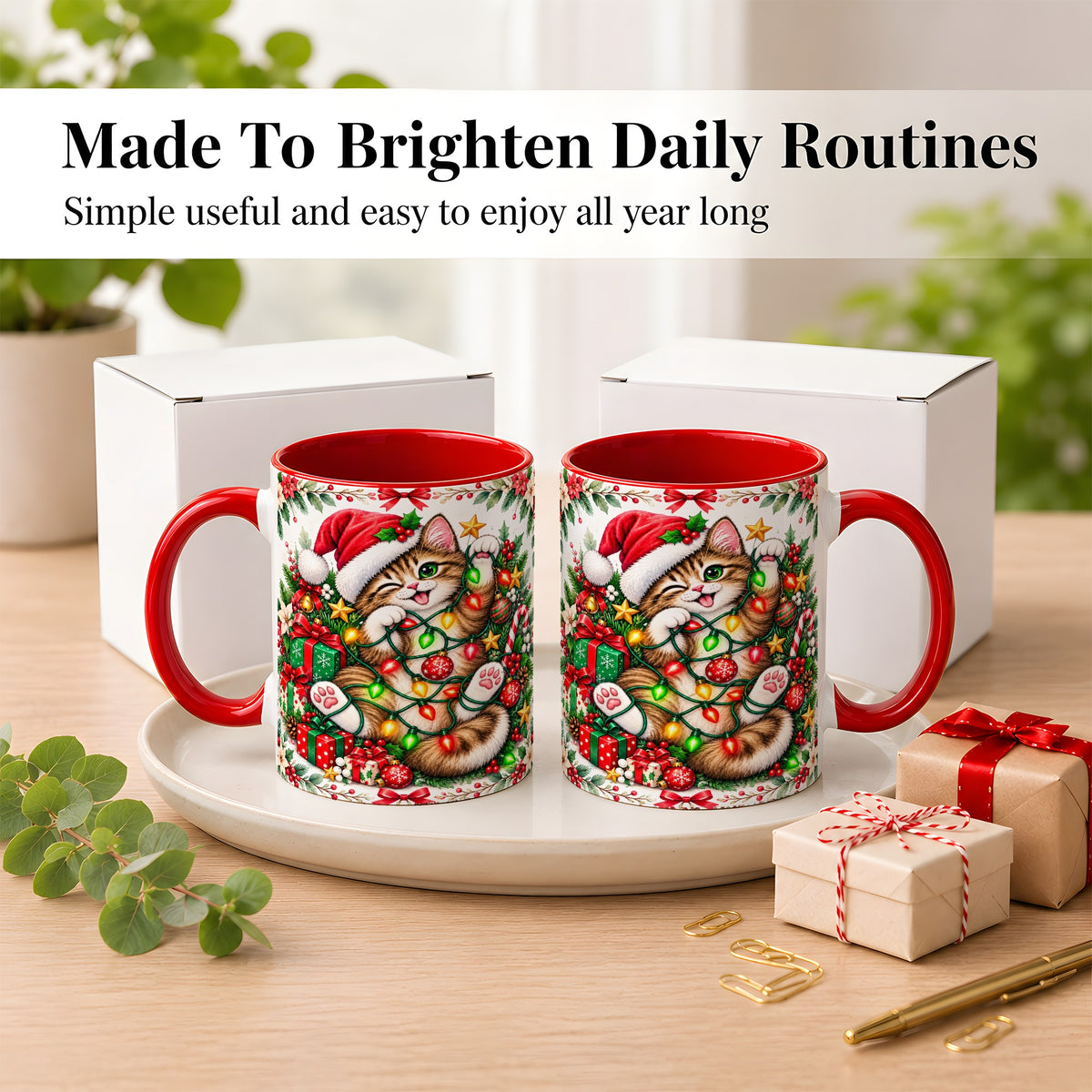 #pl[11oz|Red] Playful Christmas Cat Coffee Mug, Kitten Lights Mug, Ceramic Cup