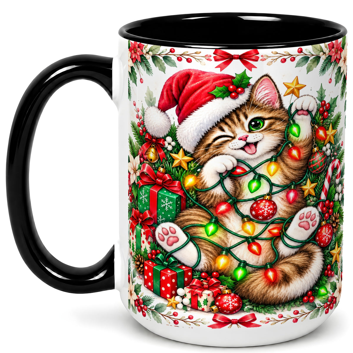 #pl[15oz|Black] Playful Christmas Cat Coffee Mug, Kitten Lights Mug, Ceramic Cup