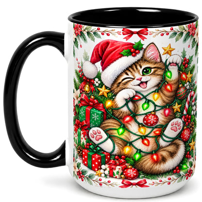 #pl[15oz|Black] Playful Christmas Cat Coffee Mug, Kitten Lights Mug, Ceramic Cup