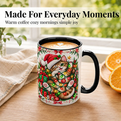 #pl[15oz|Black] Playful Christmas Cat Coffee Mug, Kitten Lights Mug, Ceramic Cup