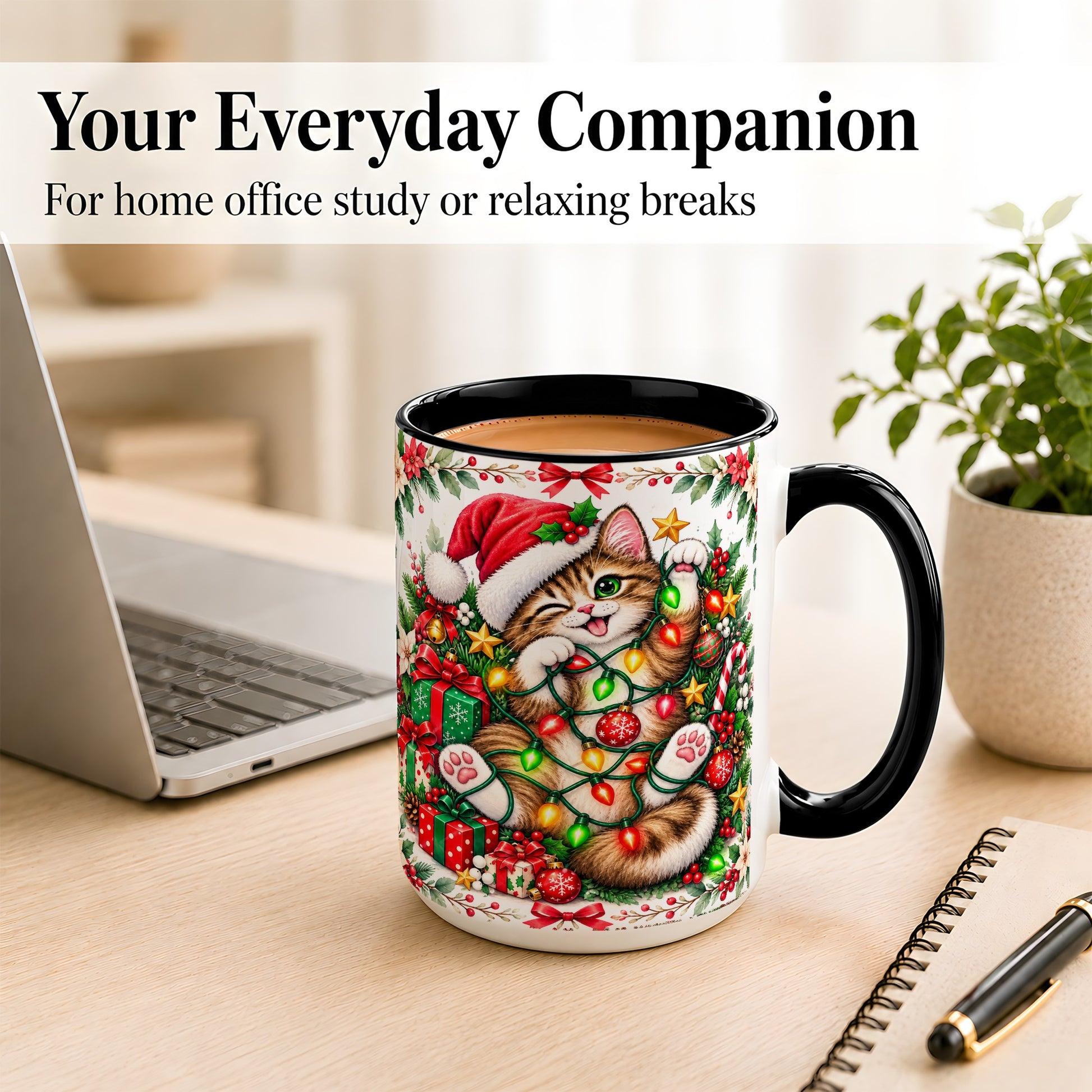 #pl[15oz|Black] Playful Christmas Cat Coffee Mug, Kitten Lights Mug, Ceramic Cup