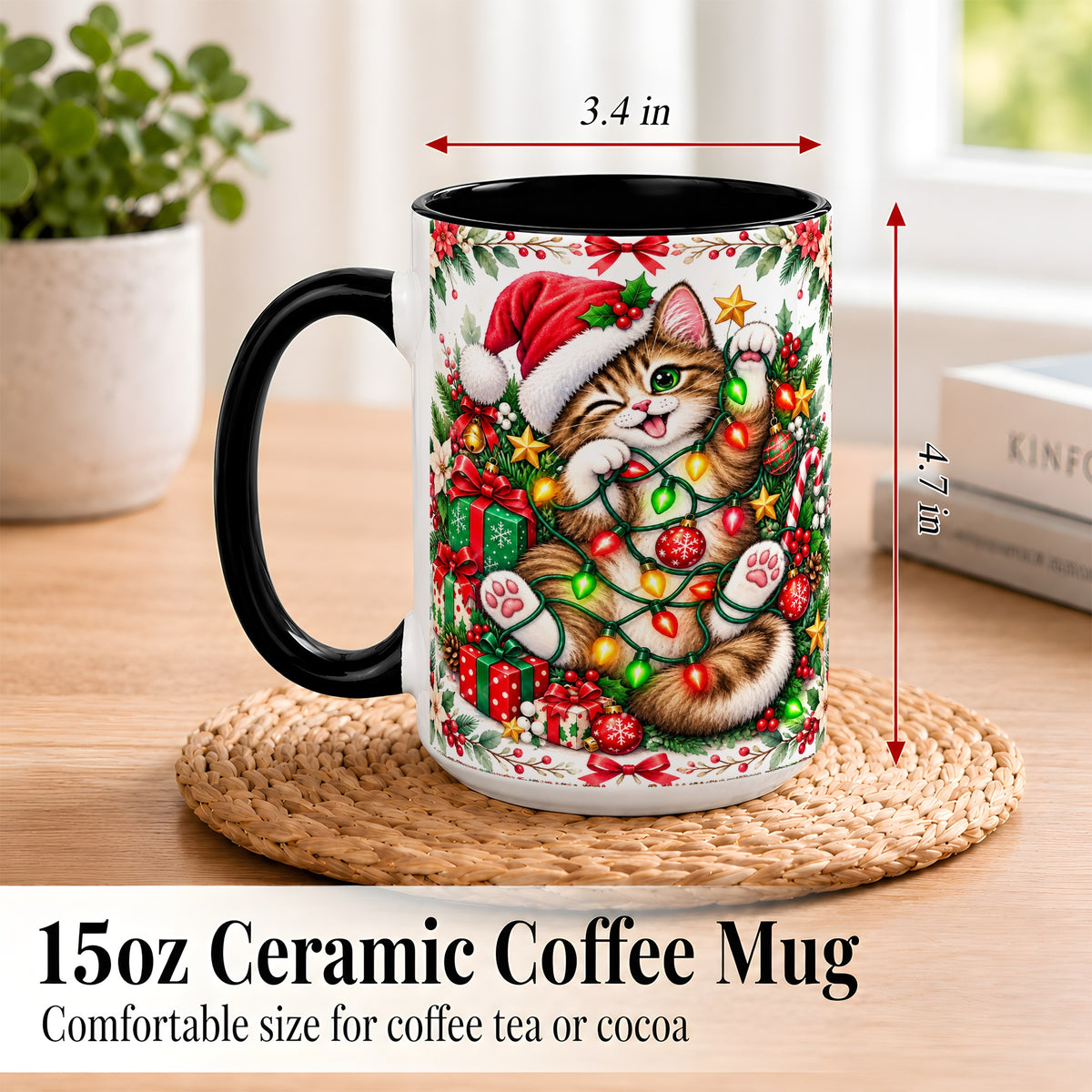 #pl[15oz|Black] Playful Christmas Cat Coffee Mug, Kitten Lights Mug, Ceramic Cup