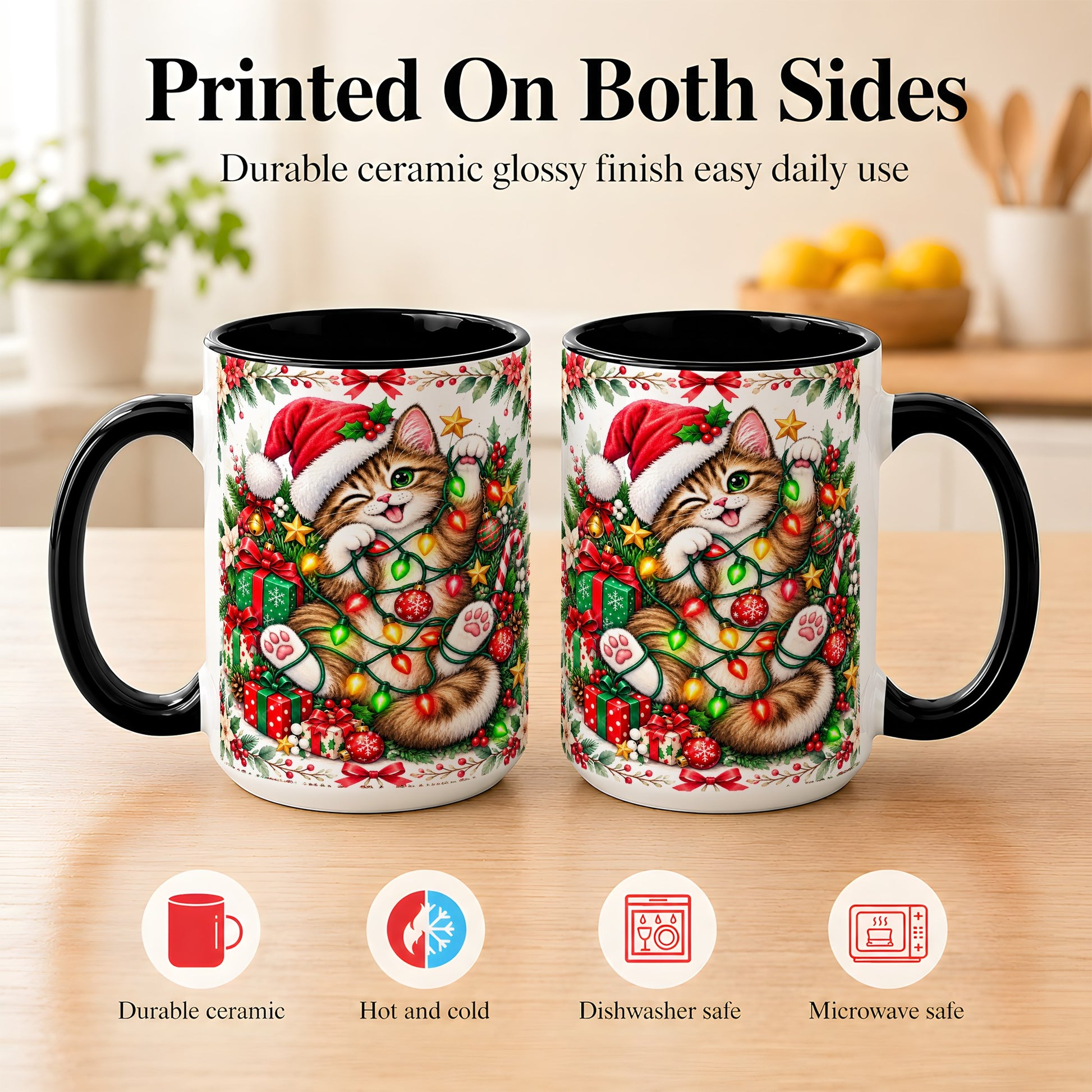 #pl[15oz|Black] Playful Christmas Cat Coffee Mug, Kitten Lights Mug, Ceramic Cup