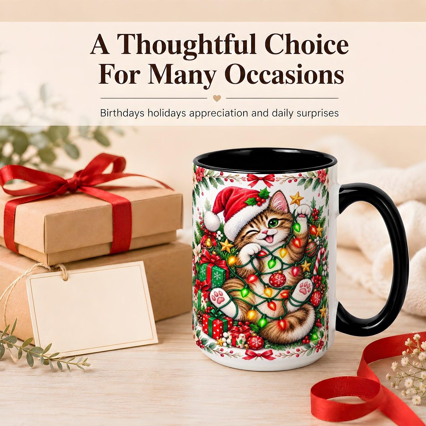 #pl[15oz|Black] Playful Christmas Cat Coffee Mug, Kitten Lights Mug, Ceramic Cup